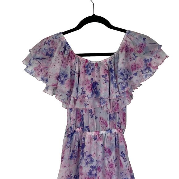 Cari Capri Floral Print Barbados Mini Dress Size XS Ruffle Purple Off Shoulder - Picture 5 of 9